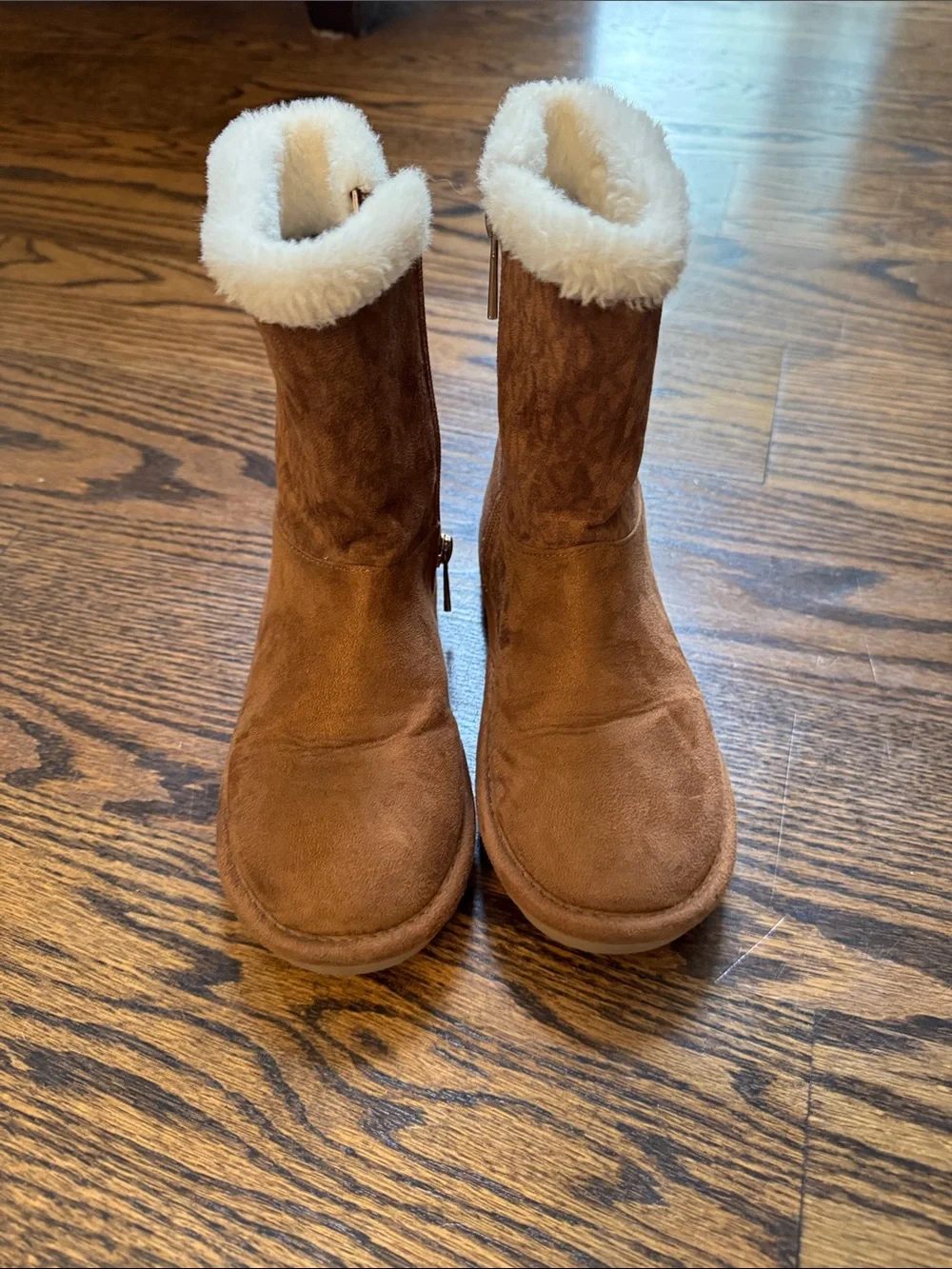 Michael Kors Chestnut Suede Kids Boots with White Faux-Fur Cuff